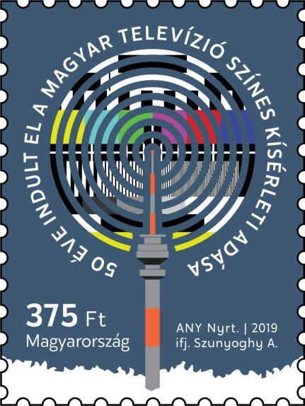 MTV 50 év, színes kísérleti adás, bélyeg, Kép: Magyar Posta